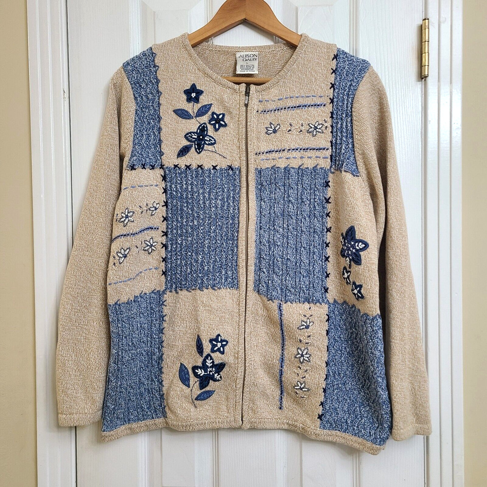 Allison Daley Tan Blue Embroidered Floral Zip Up Cardigan Sweater Grandma Size L